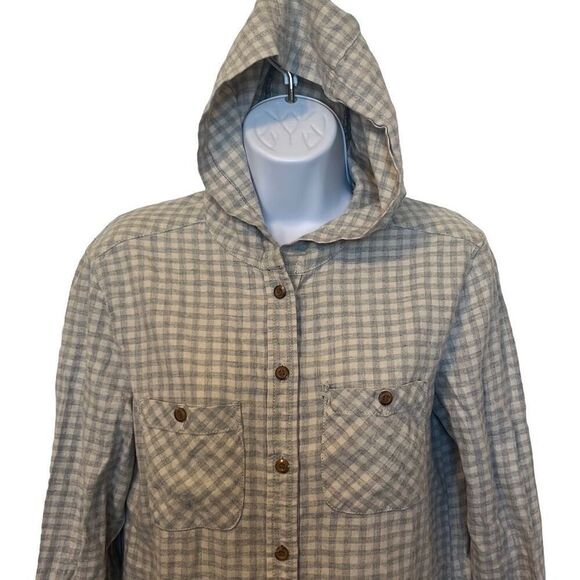 Treasure & Bond Grey Cream Plaid Long Sleeve Button Down Hoodie XS 100% Cotton - Picture 3 of 7